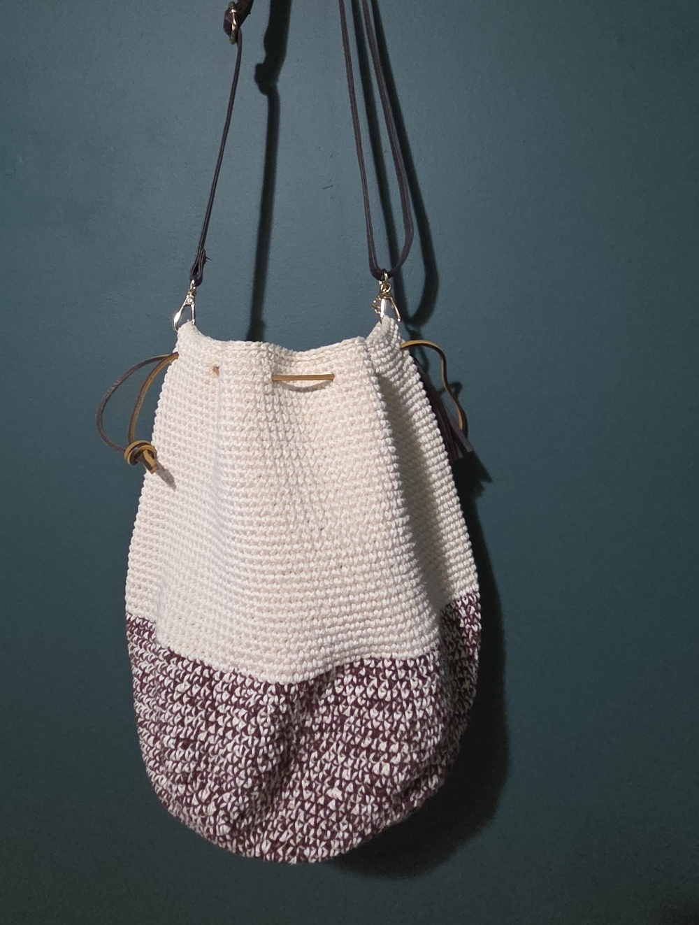Cream and Chocolate Handmade  Crochet Bucket Bag with Adjustable Strap
